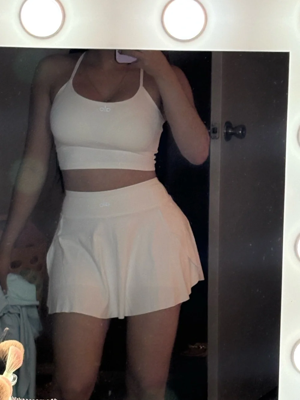 ALO Yoga White Strappy Crop Top & Pleated Skirt Set